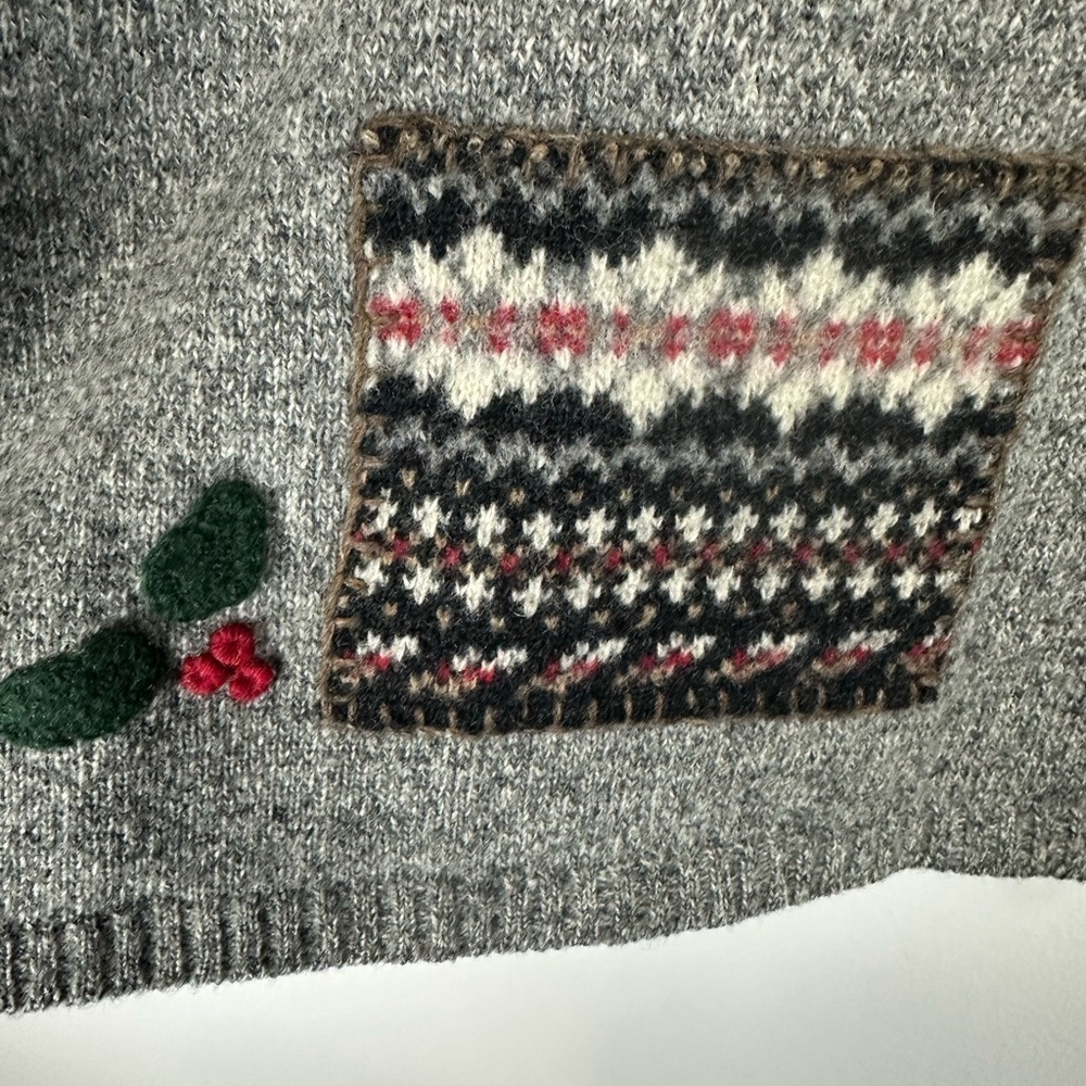 Woolrich Vintage Gray Holiday Appliqué Patch Sweater 100%Lambswool Size Large - Picture 6 of 9